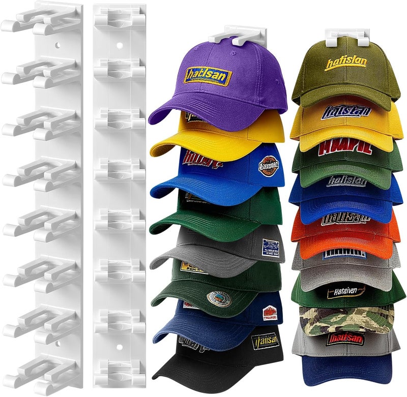 Hatisan Hat Organizer for Baseball Caps Wall, 2 Pack Hat Holder for Closet Door Hold up to 16 Hats,Hat Hook with Adhesive and 8 Screws, Hat Hanger Cap Holder Hat Hangers for Wall Closet Door Bedroom(A-White) - Image 1